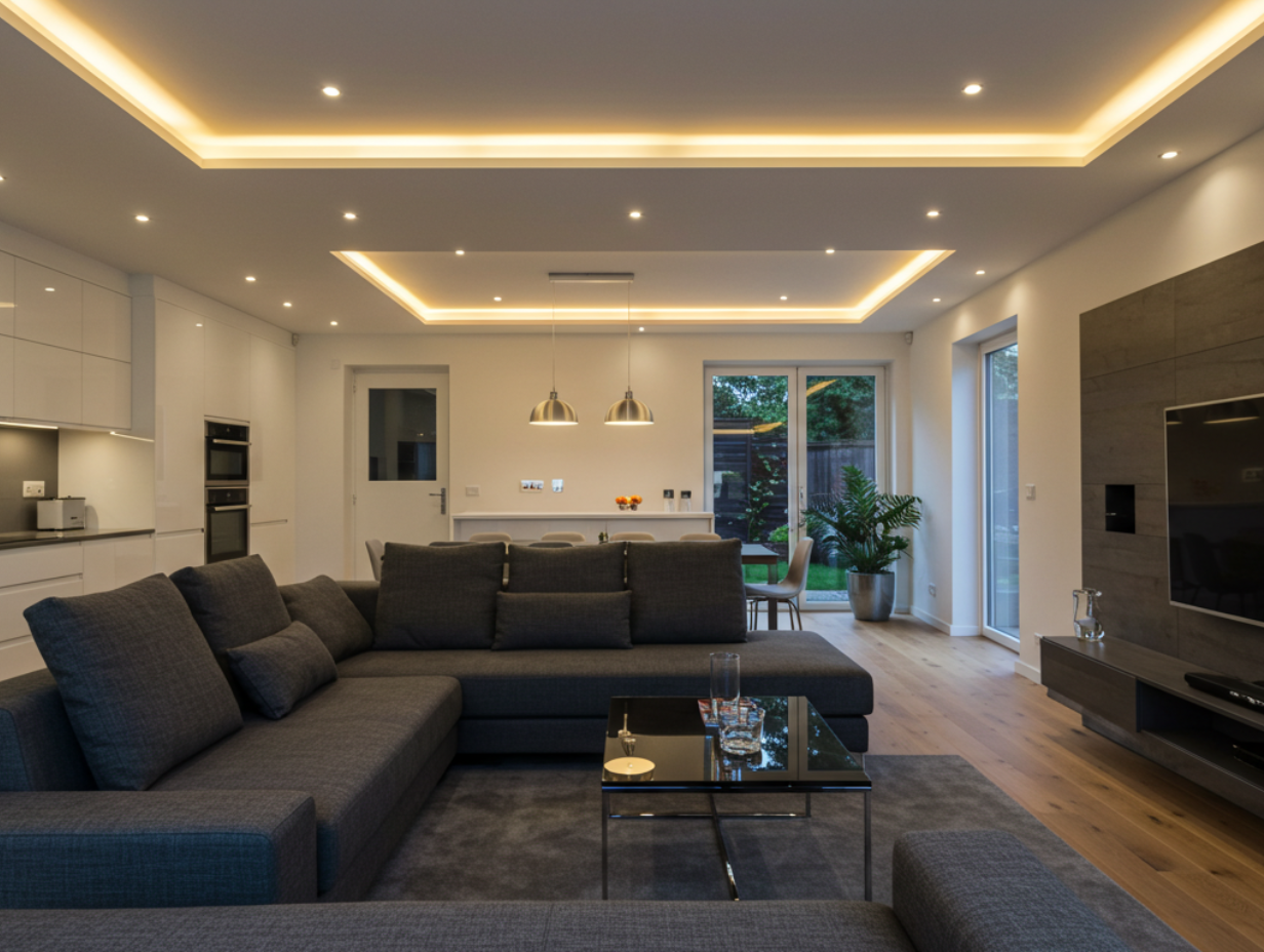 A contemporary living room with LED recessed lighting, a comfortable sofa, and large windows.