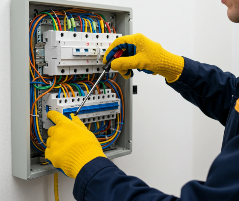Electrician working on an electrical circuit board to identify and fix faults in the wiring.