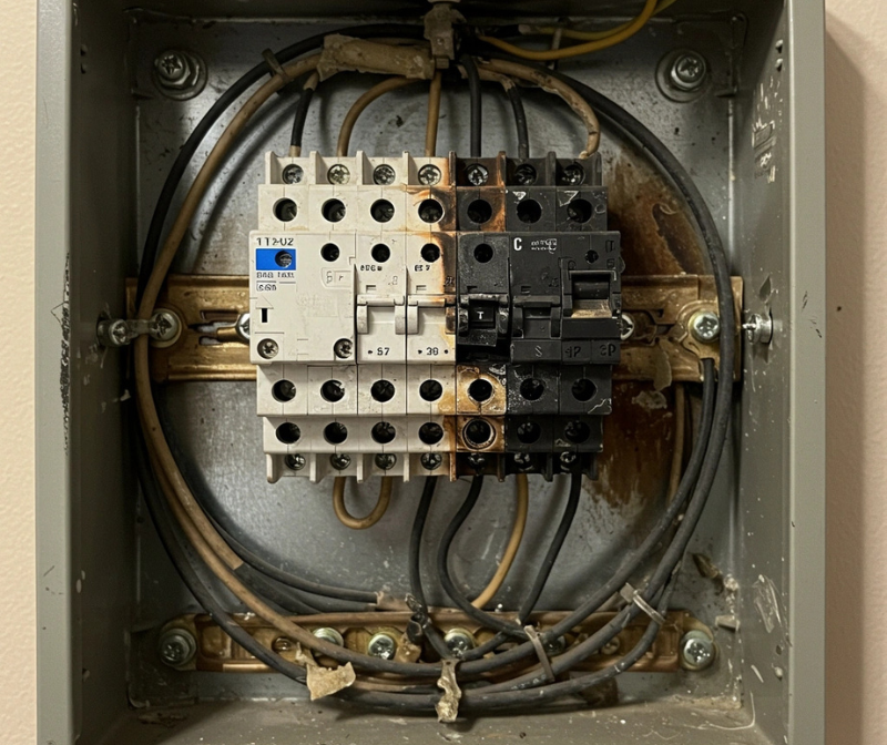 Electrician diagnosing a power failure in a distribution board to restore electricity to a property."