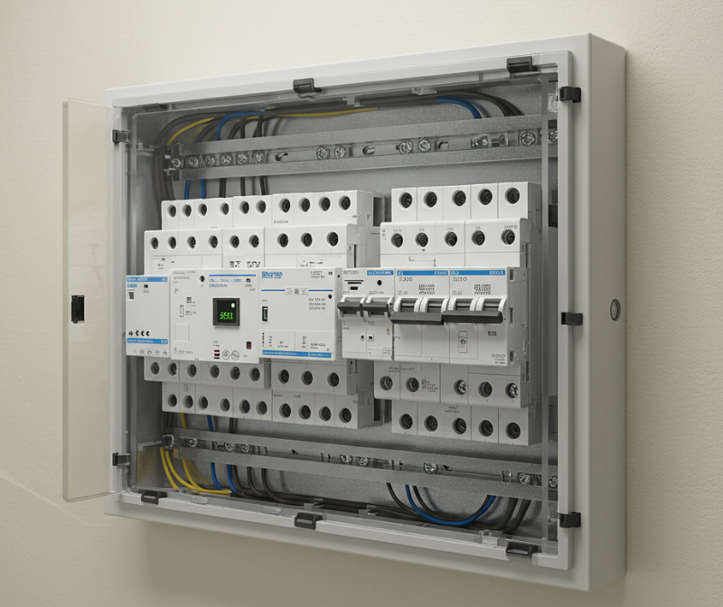 Electrical distribution panel showing potential fire or safety hazards with visible wear and damage.