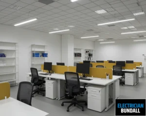 A well-lit office with ceiling panels and neat rows of desks.